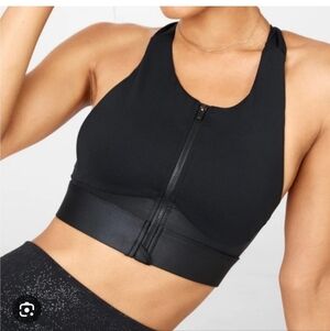 Fabletics Black Faux Leather Sports Bra Ella Front Zip